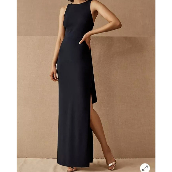 Anthropologie BHLDN Gown Women 8 Blue London Crepe Tie Back Slit Glam Maxi Dress - Picture 13 of 15
